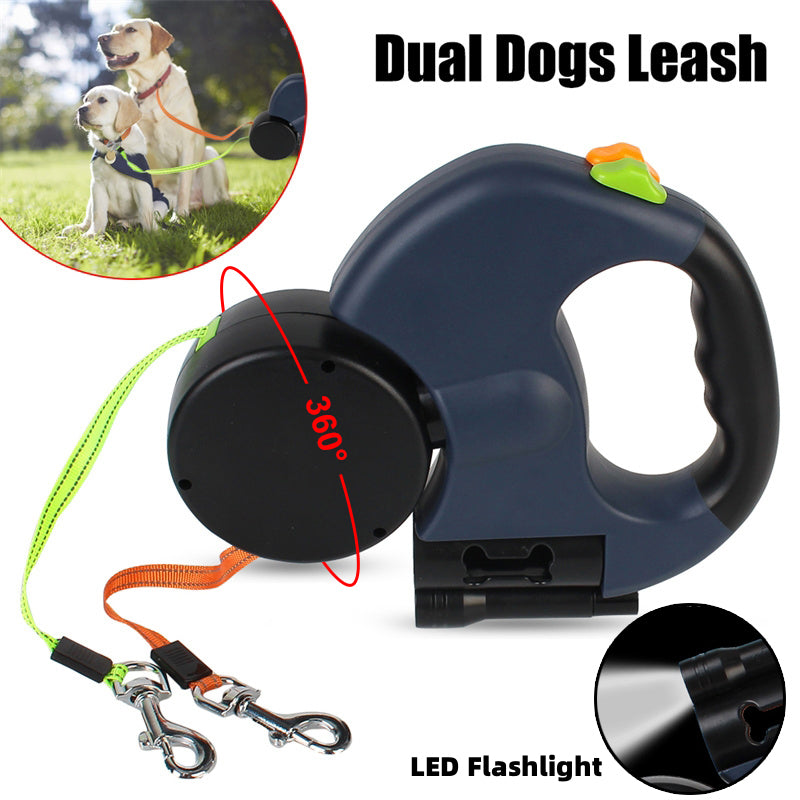 Retractable Dual Pet Leash for Small Dogs with Reflective Features and 360-Degree Swivel, Equipped with Lights for Enhanced Safety