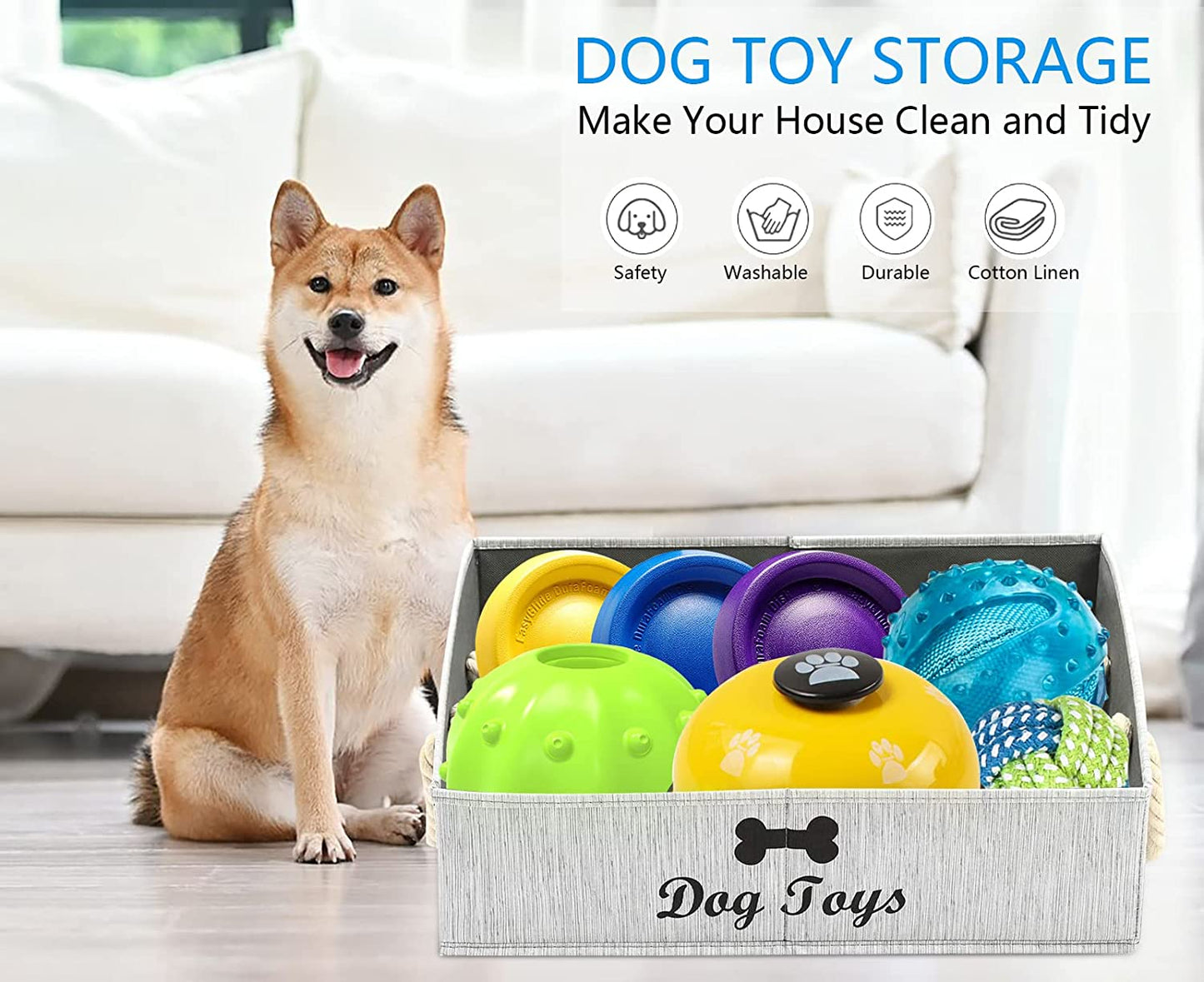 Large Dog Toy Storage Bin - Grey Canvas Basket for Home Organization in Living Rooms, Playrooms, and Closets