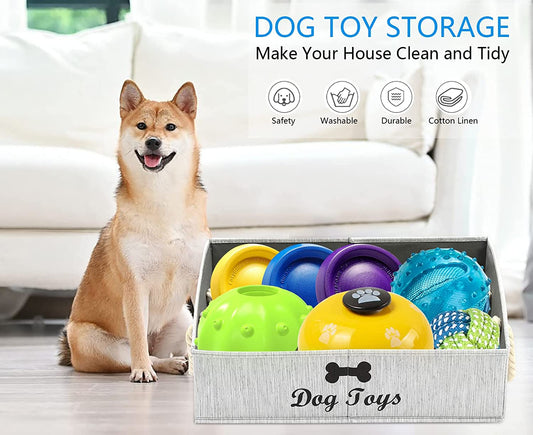 Large Dog Toy Storage Bin - Grey Canvas Basket for Home Organization in Living Rooms, Playrooms, and Closets