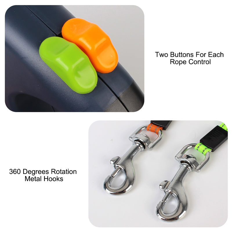 Retractable Dual Pet Leash for Small Dogs with Reflective Features and 360-Degree Swivel, Equipped with Lights for Enhanced Safety